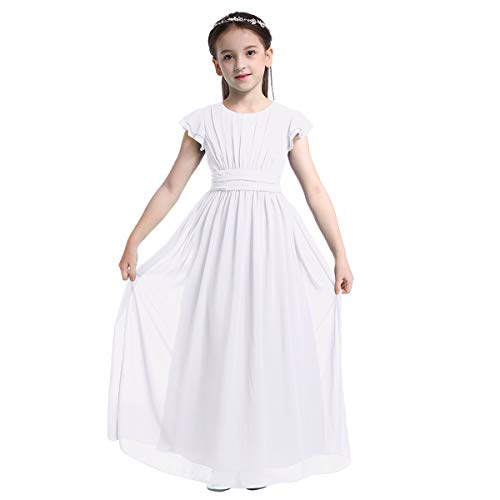 ranrann Mädchen Kleid Festlich Hochzeit Brautjungfern Kleid Kinder Prinzessin Blumenmädchen Kleid Festzug Party Kleid Ärmellos Chiffon Sommerkleid 4-14 Jahre Weiß 128 von ranrann