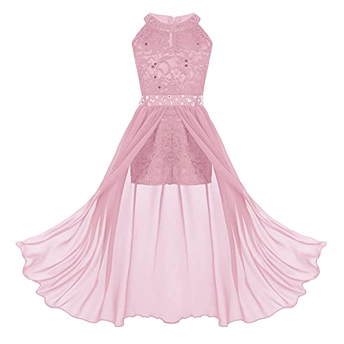 ranrann Mädchen Kleid Festlich Hochzeit Kleid Blumenmädchen Lang Chiffon Kleid Prinzessin Kleid Partykleid Festzug Abendkleid Kommunion Kleid Gr.116-164 Rosa 176/16 Jahre von ranrann