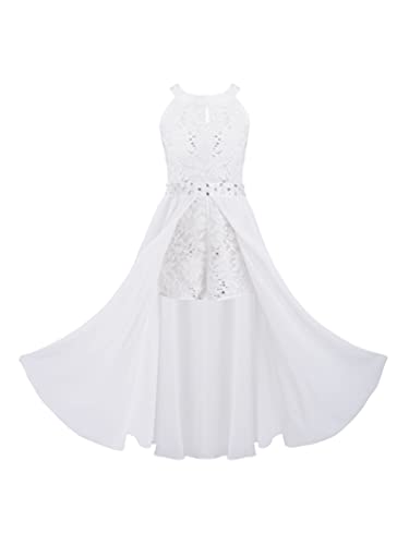 ranrann Mädchen Kleid Festlich Hochzeit Kleid Blumenmädchen Lang Chiffon Kleid Prinzessin Kleid Partykleid Festzug Abendkleid Kommunion Kleid Gr.116-164 Weiß 164/14 Jahre von ranrann