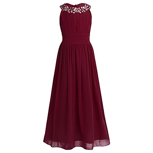 ranrann Mädchen Lange Partykleid Chiffon Kleid Festlich Prinzessin Blumenmädchen Kleid Hochzeit Kinder Ärmellos Abendkleid Kleid Gr. 104 116 128 140 152 164 Burgundy 164 von ranrann