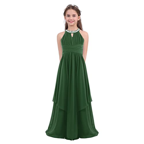 ranrann Mädchen Nechholder Kleid Blumenmädchenkleid Ballkleid Ärmellos Lang Chiffonkleid Tailliert Trägerlos für Abend Hochzeit Geburtstag Armee Grün 140/10 Jahre von ranrann