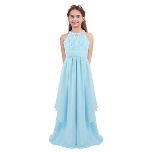 ranrann Mädchen Nechholder Kleid Blumenmädchenkleid Ballkleid Ärmellos Lang Chiffonkleid Tailliert Trägerlos für Abend Hochzeit Geburtstag Hell Blau 152/12 Jahre von ranrann