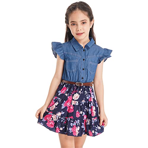 ranrann Mädchen Sommer Kleid Freizeitkleid Shirtkleid A-Linie Baumwolle Faltenkleid Demin Jeans Top Oberteil mit Geblümt Rock Kinder Casual Party Kleidung Marineblau 158-164/13-14 Jahre von ranrann