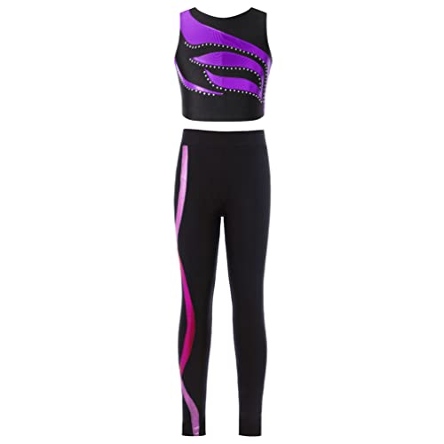 ranrann Mädchen Sport Outftis Sport BH Tank Top mit Racer Back Lange Leggings Trainingsanzug Ärmellos Kinder Sportbekleidung für Fitness Workout Gymnastik Violett&Rose D 134-140/9-10 Jahre von ranrann