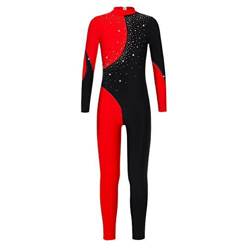 ranrann Mädchen Turnanzug Langarm Jumpsuit Bodysuit Overall Einteiler Gymnastikanzug Gymnastikbody mit Glitzern Tanzkleidung Schwarz&Rot D 134-140/9-10 Jahre von ranrann