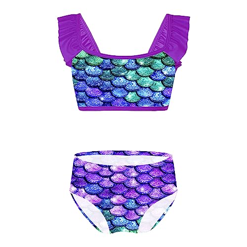 ranrann Mädchen Zweiteiler Meerjungfrau Bikini Tankini Set Bademode Badeanzug UV-Schutz mit Glitzernden Fischschuppen Muster Kinder Sommer Badebekleidung Violett 110-116 von ranrann