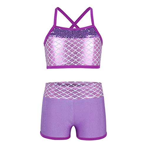 ranrann Mädchen Zweiteiler Sport Anzug Glänzend Meerjungfrau Badeanzug Kinder Sportanzug Sport Set mit Fischschuppe Kostüm Sport Outfit Workout Gr. 104-164 Lavender 152/12 Jahre von ranrann