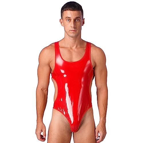 ranrann Männer Body Sexy Bodysuit Lack Leder Overall Stringbody Zipper Unterhemd Shirt Unterwäsche Nachtwäsche Herren Wetlook Dessous Clubwear Rot_J 4XL von ranrann