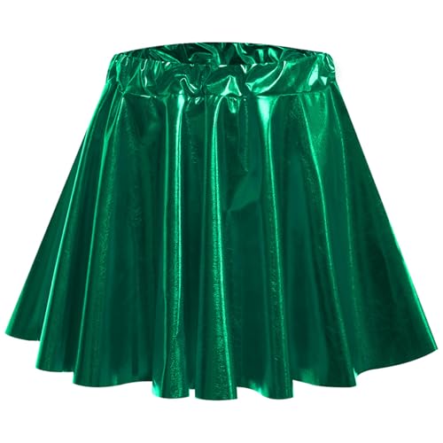 ranrann Metallic Rock Kinder Mädchen Minirock Kurz Plisseerock Glänzend Rock mit Gummizug Tanzrock Festival Kostüm Grün 140-152 von ranrann