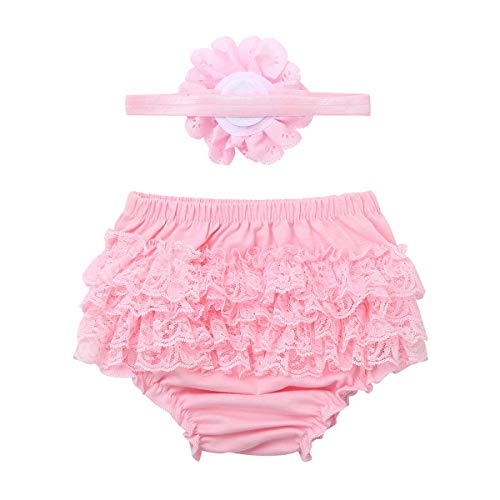 ranrann Neugeborenes Baby Slip Mädchen Unterhose Bloomers mit Spitzen Rüschen Blumen Haarschmuck Kleinkind Kostüm Babybekleidung für Geburtstag Fotoshooting Rosa 50-80/0-12 Monate von ranrann