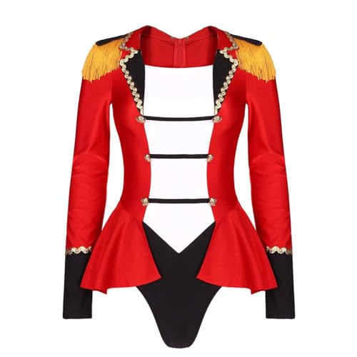 ranrann Zirkusdirektorin Kostüm Damen Sexy Zirkus Dompteurin Cosplay Outfis Lackleder Body Bodysuit mit Quasten Glitzer Halloween Fasching Kostüm Rot D M von ranrann