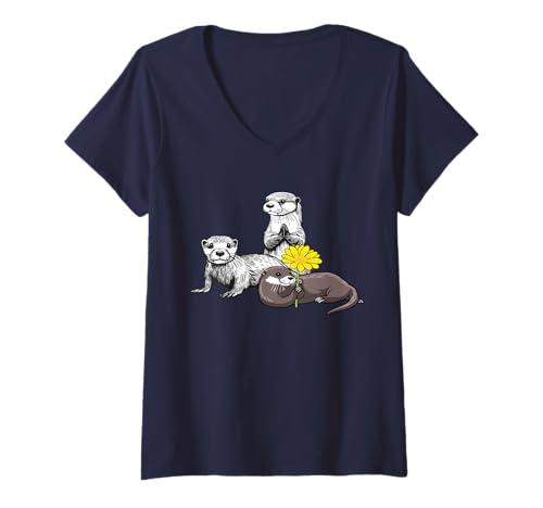 Damen Charmantes Otter-Trio T-Shirt mit V-Ausschnitt Damen Charmantes Otter-Trio T-Shirt mit V-Ausschnitt von rawshutterbug