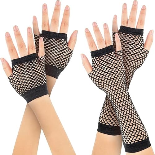 rayinblue 2 Paar Karnevals Fischnetz Handschuhe, 1 Paar Netzhandschuhe Lang1 Paar Netzhandschuhe Kurz für karneval kostüm damen 80er Retro Themenparty Frauen Kostümzubehör(Schwarz) von rayinblue