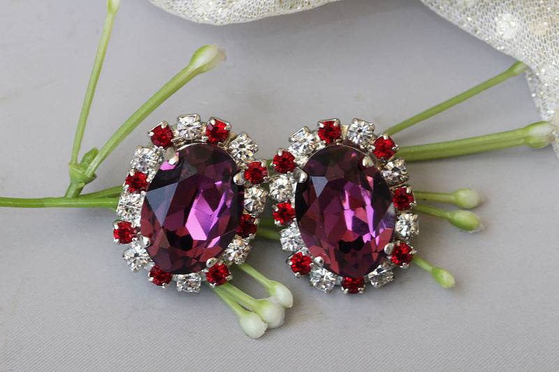 Amethyst Kristall Ohrringe, Lila Braut Ohrstecker, Abend Schmuck, Oval Hochzeit Geschenk, Dunkel Lila Ohrring von rebekajewelry