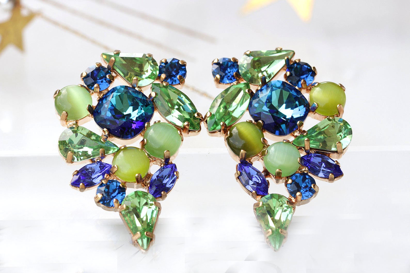 Blau Grün Crystal Cluster Ohrringe Mutter Der Braut Schmuck von rebekajewelry
