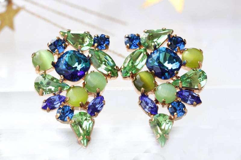 Blau Grün Crystal Cluster Ohrringe Mutter Der Braut Schmuck Blau Grün Crystal Cluster Ohrringe Mutter Der Braut Schmuck von rebekajewelry