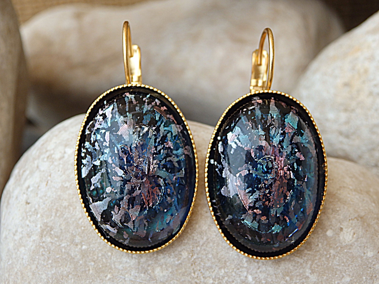 Blaue Kristall Ohrringe, Fusing Glas Schmuck, Vergoldete Blau Rosa Oval Große Ohrringe. Etwas Blaues Für Sie von rebekajewelry