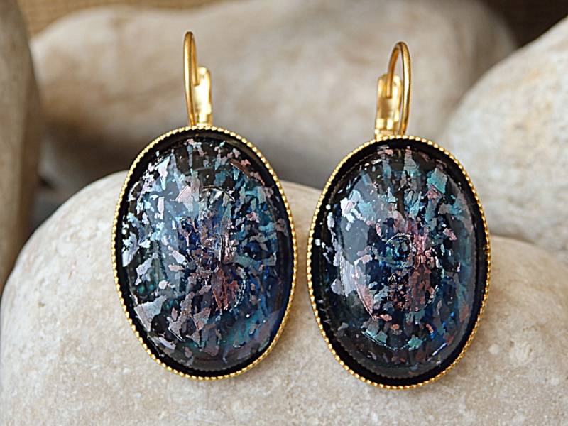 Blaue Kristall Ohrringe, Fusing Glas Schmuck, Vergoldete Blau Rosa Oval Große Ohrringe. Etwas Blaues Für Sie von rebekajewelry