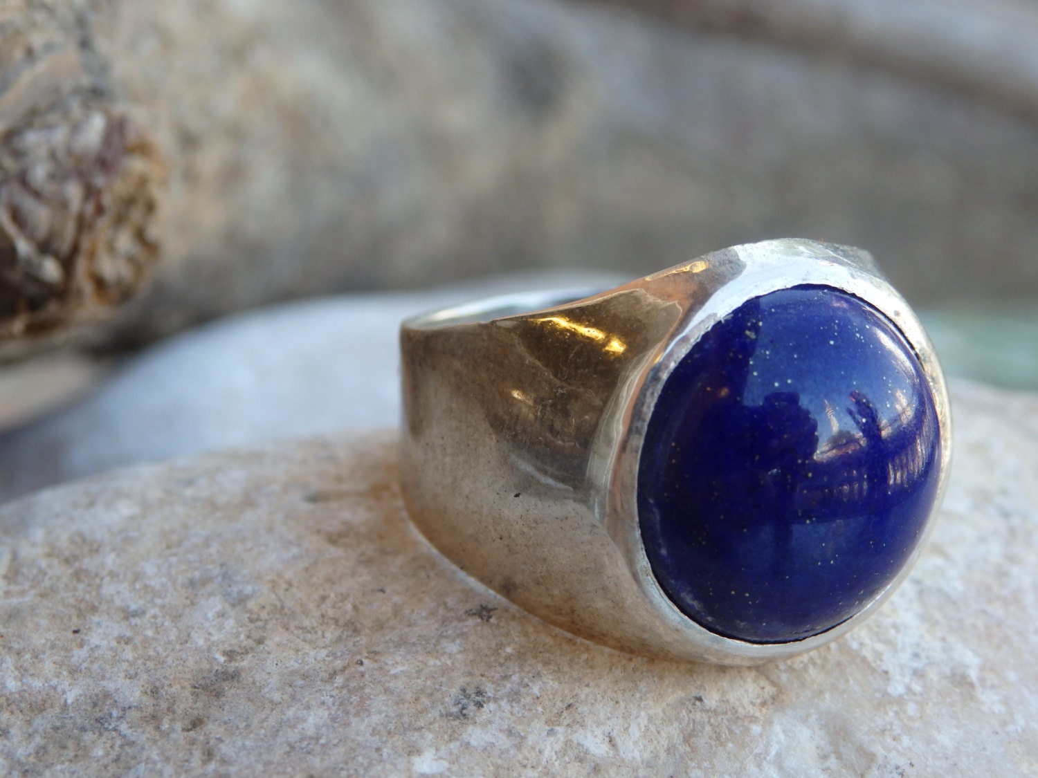 Blauer Lapis Statement Herren Sterling Silber Ring, Edelstein, Vintage Style, Damenringe, Blue Royal Einzigartiger Silberring. Großer Ring von rebekajewelry