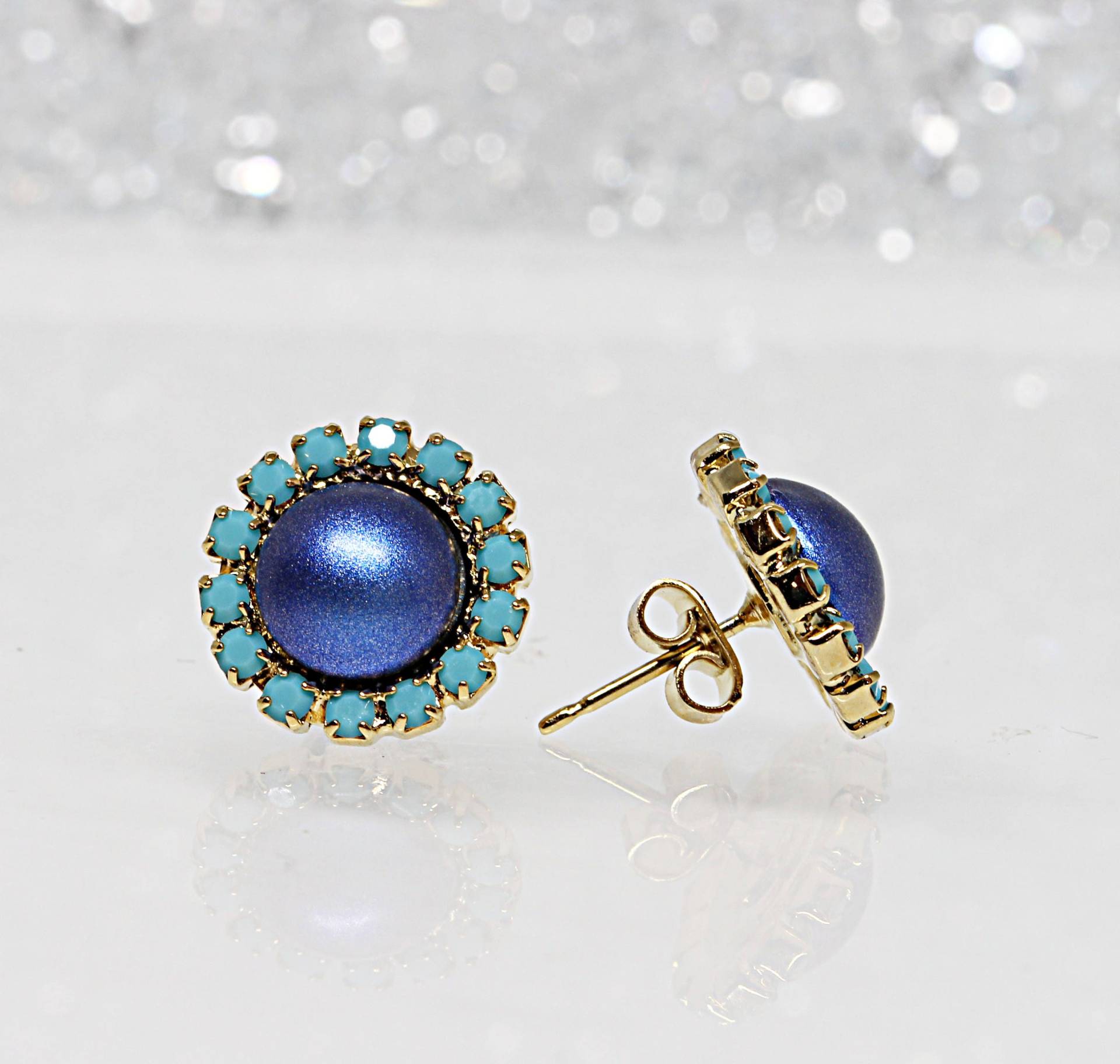 Blaue Ohrringe, Perle Braut Ohrringe Blau, Minimalist Ohrstecker, Hypoallergene Geschenk Für Sie, Royal Türkis Kristalle von rebekajewelry