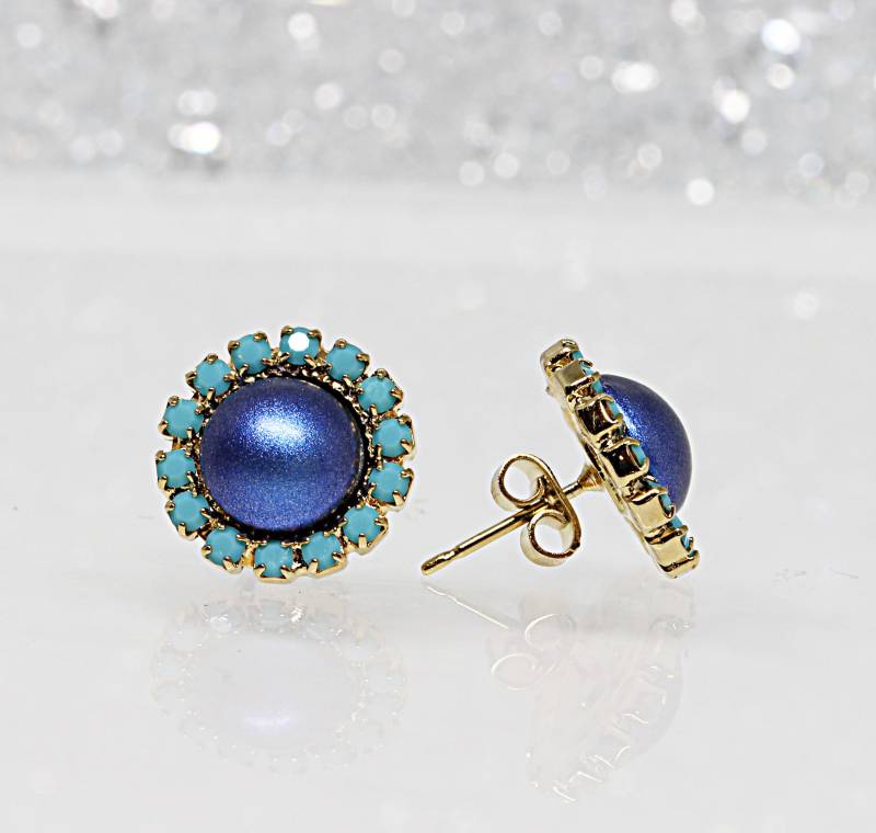Blaue Ohrringe, Perle Braut Ohrringe Blau, Minimalist Ohrstecker, Hypoallergene Geschenk Für Sie, Royal Türkis Kristalle von rebekajewelry