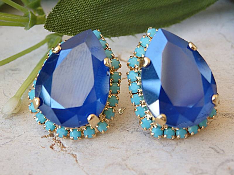 Blaue Ohrstecker. Sapphire Hochzeit Abend Strass Ohrringe. Türkiskristalle Eleganter Schmuck. Pfauenblau Ohrringe von rebekajewelry
