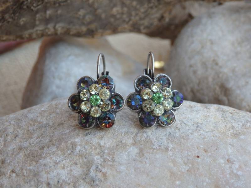 Blumen Ohrringe. Florale Hängeohrringe. Halo Silber Oder Gold Grüne Brautjungfern Schmuck Geschenk Für Frauen von rebekajewelry