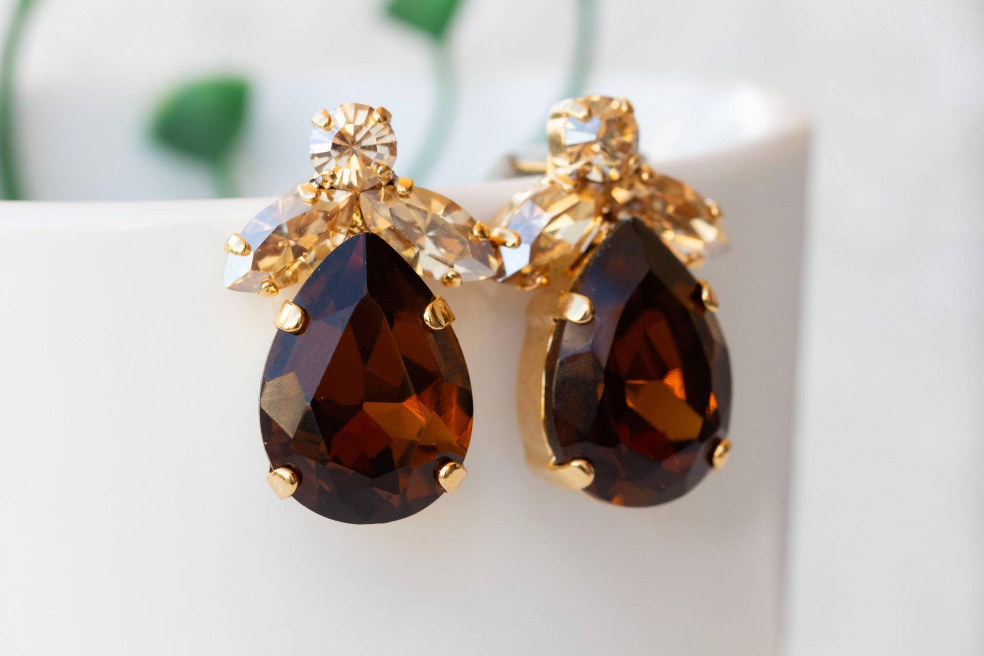 Braun Champagner Ohrringe, Elegante Abend Frau Große Teardrop Ohrstecker, Und Gold Kristall Rauch Topas Ohrringe von rebekajewelry