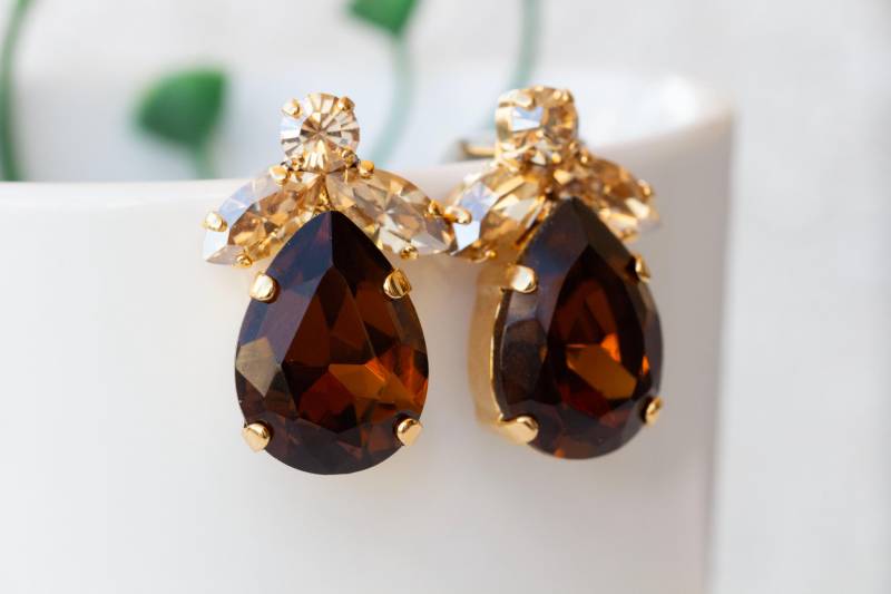 Braun Champagner Ohrringe, Elegante Abend Frau Große Teardrop Ohrstecker, Und Gold Kristall Rauch Topas Ohrringe von rebekajewelry