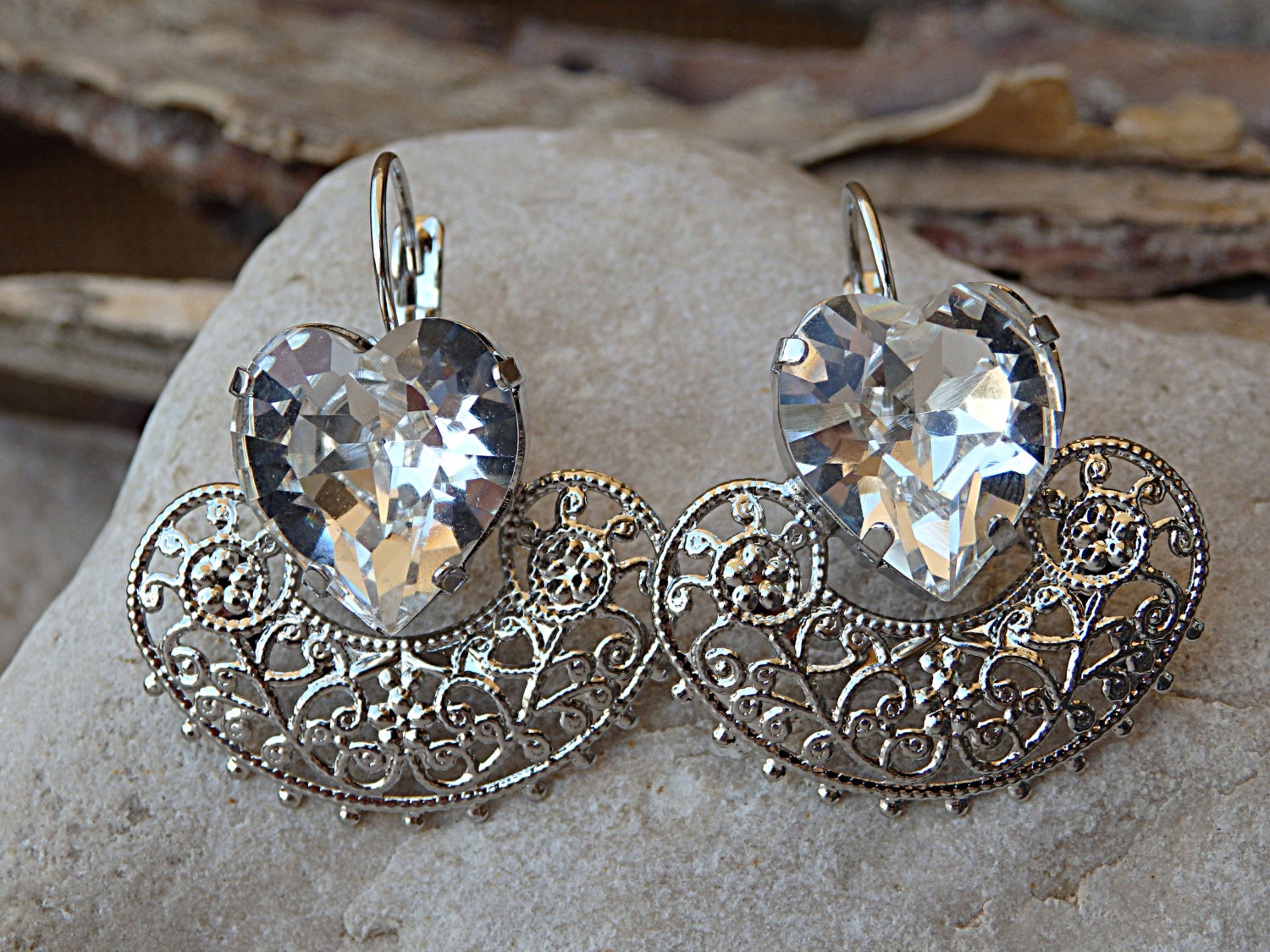 Braut Herzförmige Ohrringe, Jubiläum Tropfen Kristalle Filigrane Silber Liebhaber Schmuck Geschenk. Für Frau Oder Magd von rebekajewelry