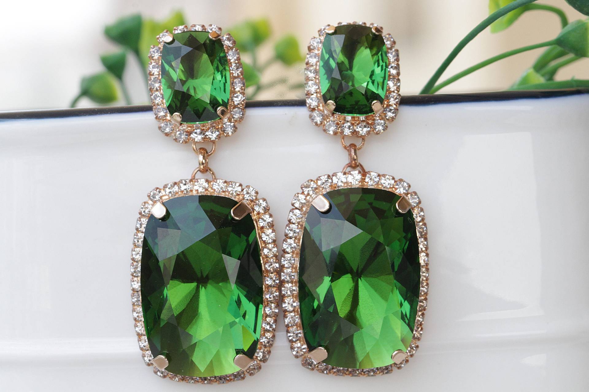 Smaragd Kristall Braut Ohrringe Grüne Große Ohrringe, Statement Hochzeit Baumeln von rebekajewelry