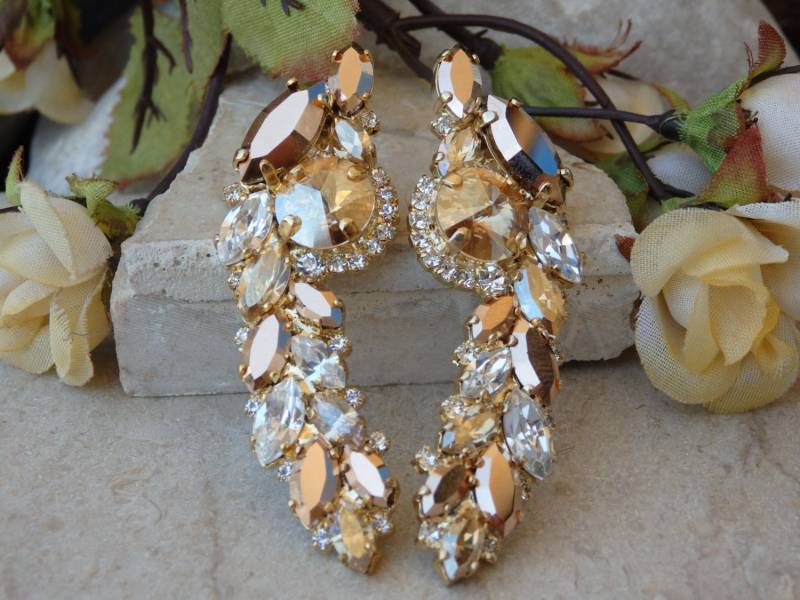 Champagne Cluster Ohrringe, Hochzeit Cocktail Braut Rose Gold Statement Multi Stone Lange Ohrstecker von rebekajewelry