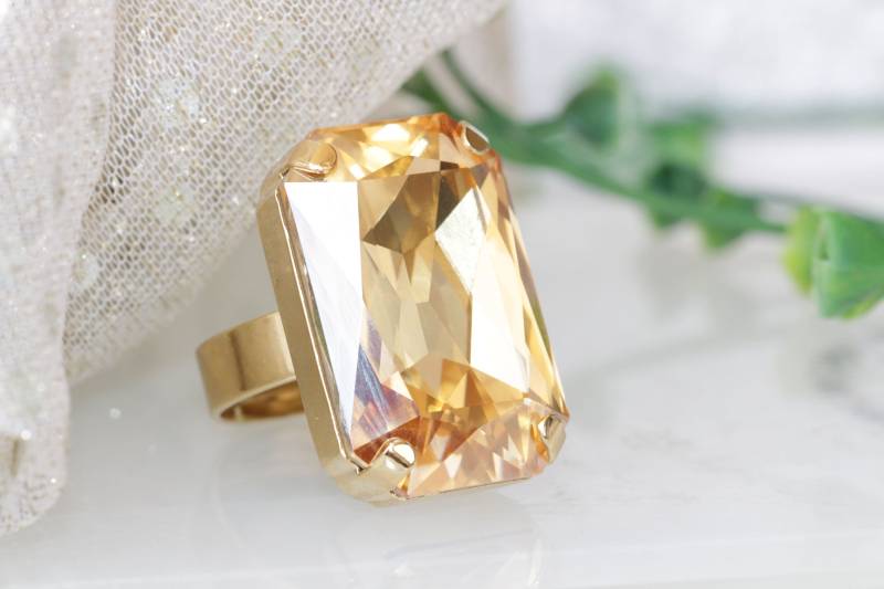 Champagne Gold Ring, Kristall Ring, Statement Brautjungfer Verstellbar Goldhochzeitsgeschenk, Cocktail Ring von rebekajewelry