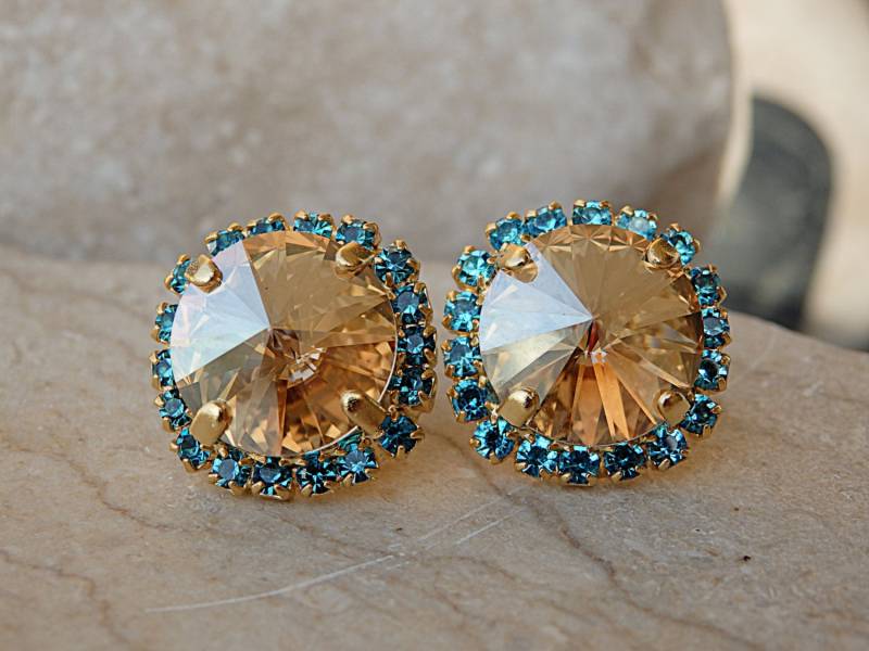 Champagner Und Blau Ohrstecker, Runde Ohrringe, Halo Kristallohrringe, Geschenk Für Sie von rebekajewelry