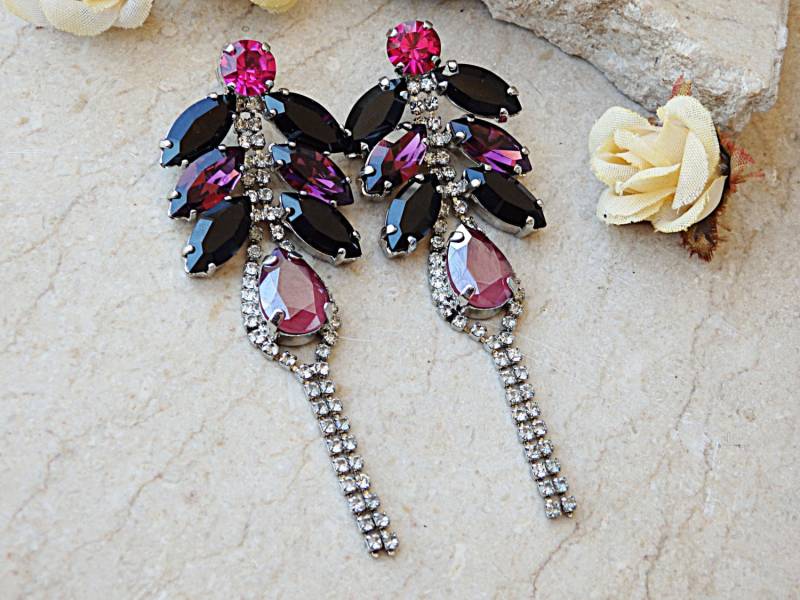 Kronleuchter Ohrringe. Abend Rosa Lila Schwarze Fransen Lange Kettenohrringe. Blatt Tropfen Ohrringe von rebekajewelry