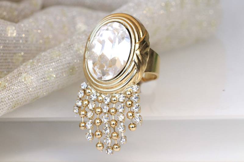 Kristall Quaste Ring, Art-Deco-Ring, Boho-Stil Ringe, Kronleuchter Braut Statement Fransen Cocktail Frau Ring Kristall Quaste Ring, Art-Deco-Ring, Boho-Stil Ringe, Kronleuchter Braut Statement Fransen Cocktail Frau Ring von rebekajewelry