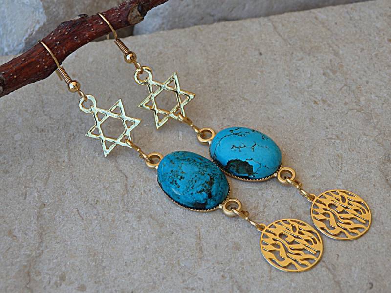 Davidstern Ohrringe. Judenstern-Schmuck. Shema Israel Türkis Gold Dezember Brithstone Edelsteinschmuck Davidstern Ohrringe. Judenstern-Schmuck. Shema Israel Türkis Gold Dezember Brithstone Edelsteinschmuck von rebekajewelry