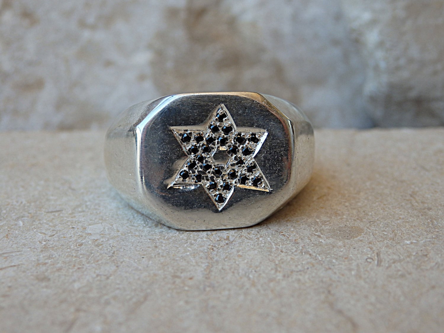 Davidstern Siegelring, Sterling Silber Ring, Breiter Magen David Schwarzer Zirkonia Sternring, Silberner Siegelring von rebekajewelry