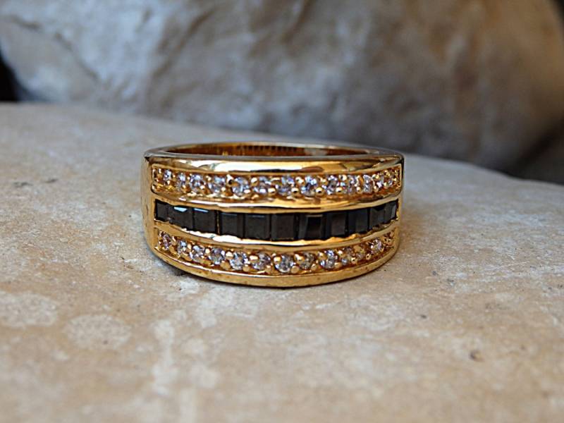 Gold Onyx Und Zirkonia Bandring, Goldfilled Goldband Mit Steinen, Schwarz-Weiß-Ring Für Frauen Band von rebekajewelry