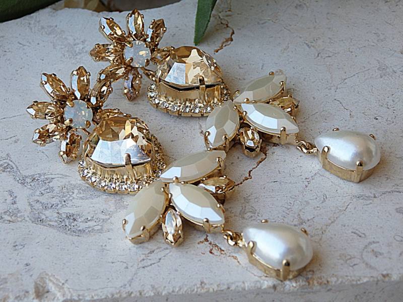Gold Chandelier Ohrringe Champagne Crystal & Cream Pearl Braut Ohrringe von rebekajewelry