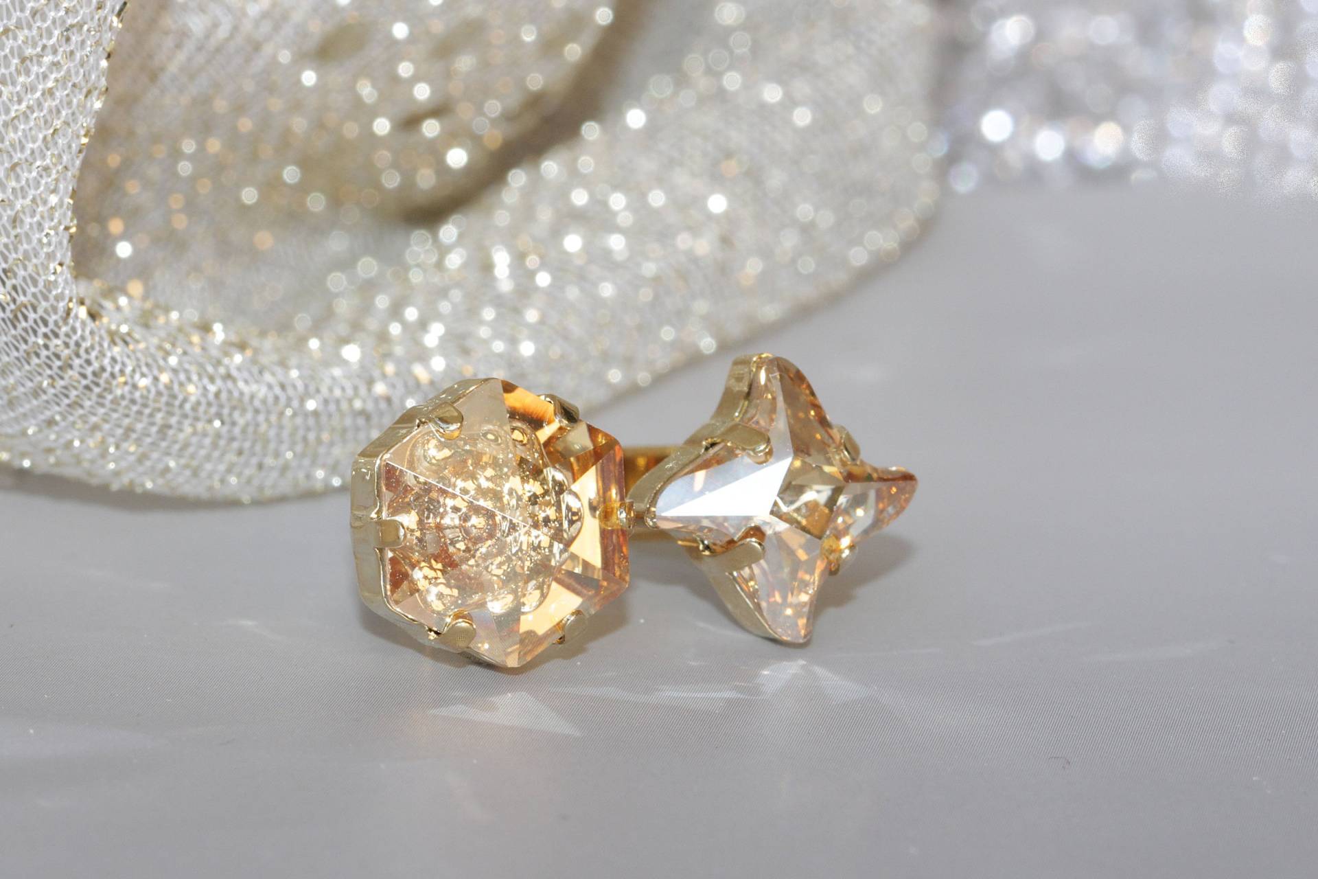 Gold Stern Ring, Kristallring, Geschenk Für Frau, Braut Goldring, Champagner Ring, Offener Doppelstein Geburtstagsgeschenk von rebekajewelry