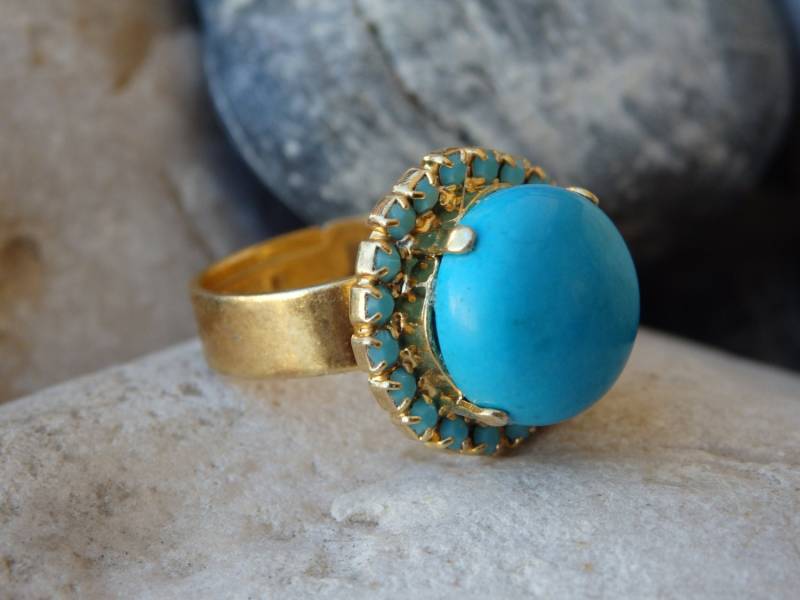 Gold Türkis Ring, Echte Schmuck, Blauer Edelstein Frauen Verstellbarer Abgerundeter Dezember Birthstone Ring von rebekajewelry
