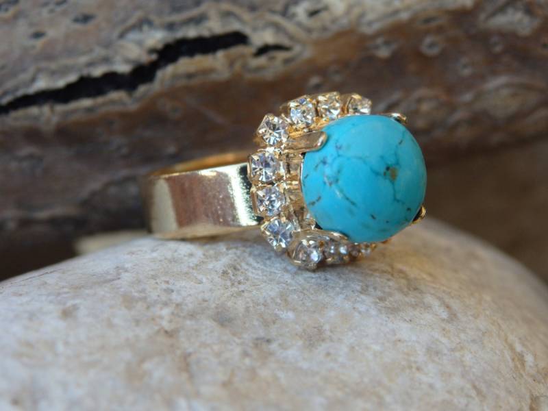 Gold Türkis Stein Ring, Echte Blaue Stein Einstellbare Runde Und Klare Dezember Birthstone Ring von rebekajewelry