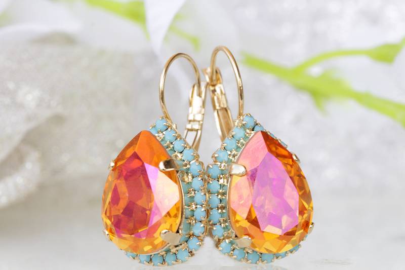 Goldene Pink Ohrringe, Astral Pink Teardrop Orange Türkis, Brautjungfer Brisur von rebekajewelry