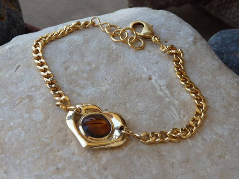Gold Herz Panzerkette Armband. Vergoldete Kette Armband Mit Schmuck Geschenk Für Frau Geschenk. Damen Braun Glas Glieder von rebekajewelry