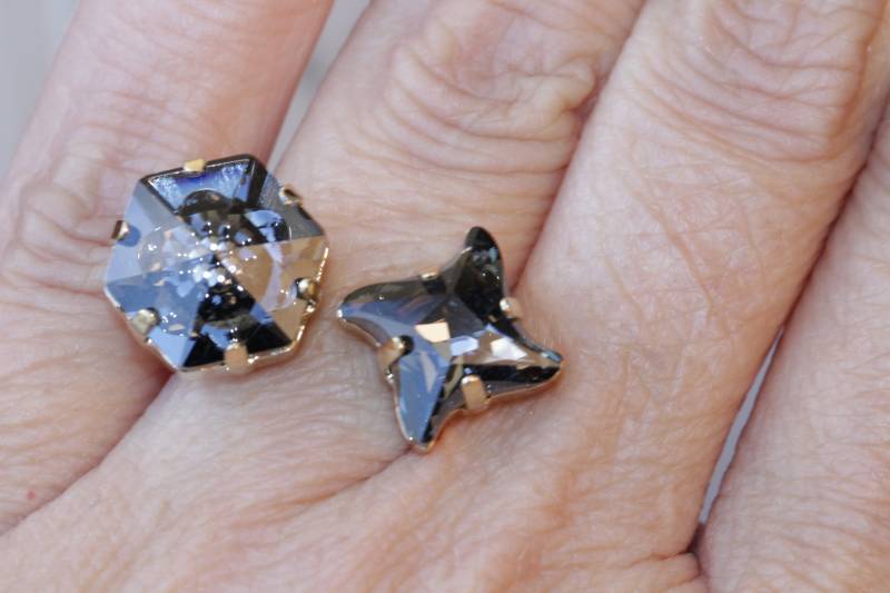 Grau Stern Ring, Ring, Offener Kristall Ring, Smokey Grau Doppel Stein Ring, Mitternacht Schmuck, Braut Ring, Schwarzer Diamant Ring von rebekajewelry