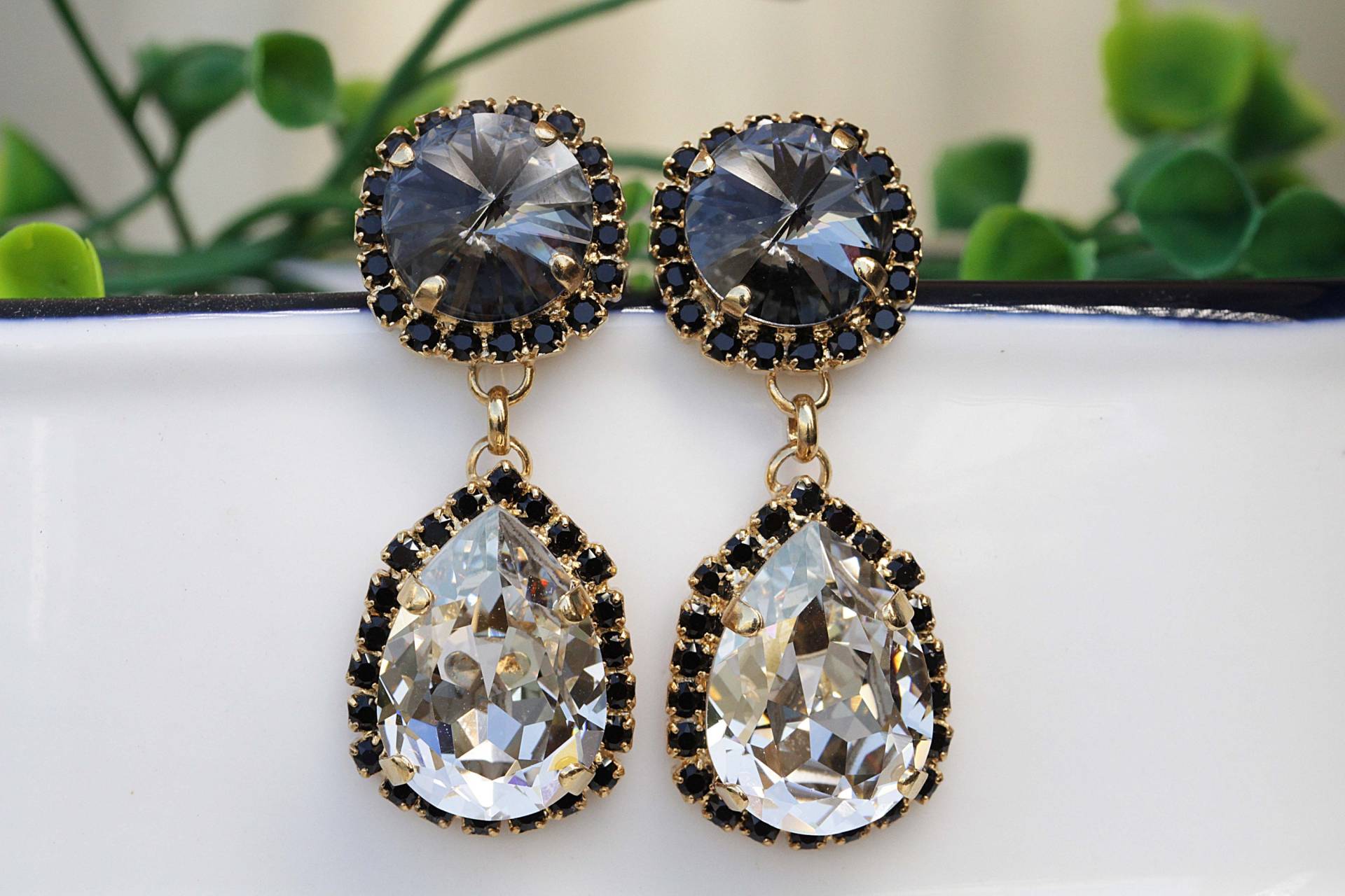 Kristall Kronleuchter Ohrringe Grau Schwarz Ohrringe, Hochzeitsschmuck Für Mama von rebekajewelry