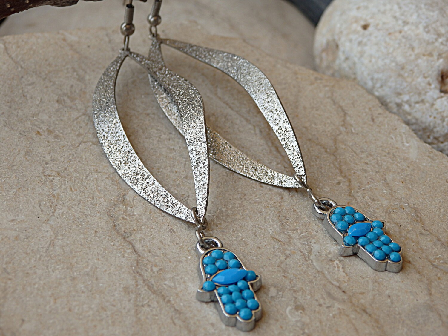 Große Hamsa Ohrringe Silber Türkis Kristall Amulett Schmuck von rebekajewelry