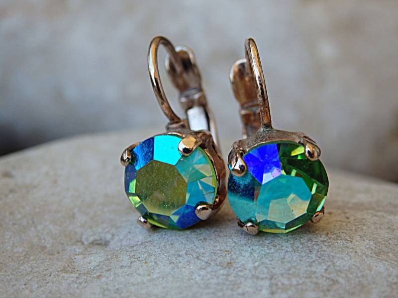 Grün Blaue Strass Ab Ohrringe. Grüne Tropfen Rose Gold Halo Kristall Damen Kleine Goldfarbene Ohrringe von rebekajewelry