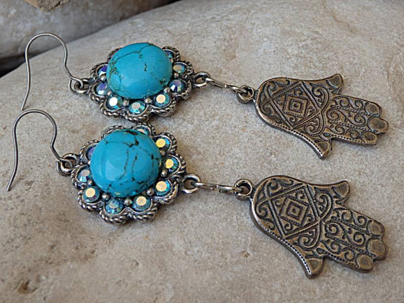 Hamsa Ohrringe. Türkis Und Kristalle Schutz Echter Schmuck. Natürliche Edelstein Böses Auge Hamsa Ohrringe. Türkis Und Kristalle Schutz Echter Schmuck. Natürliche Edelstein Böses Auge von rebekajewelry